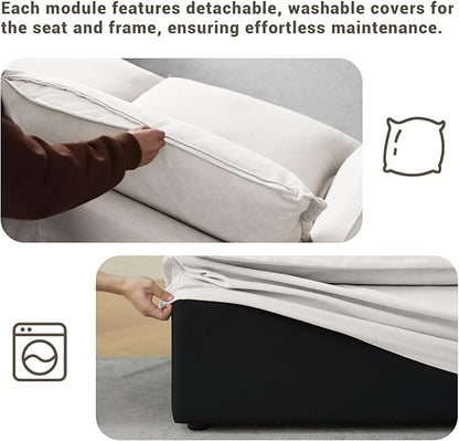 Lopzeho Cloud Sectional Sofa, Down Fill Cloud Couch, Convertible Modular Couch with Washable Cover, Movable Ottoman, Sectional Couches for Living Room, Bedroom, Small Apartments, Linen, Cream White