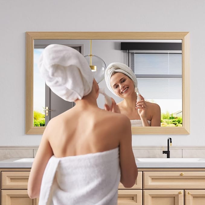 Amorho Bathroom Mirror for Wall, 48X30 Inch Oak Wood Grain Metal Framed Mirror