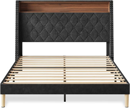 WLIVE Queen Size Upholstered Bed Frame with Storage Headboard, Velvet Square Tufted Platform Bed with Charging Station, Sturdy Metal & Wooden Slats Support, No Box Spring Needed, Black