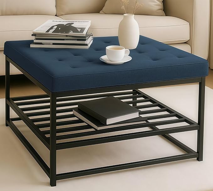 Ottoman Coffee Table with Upholstered Tufted Linen Fabric, Square Center Table with Storage Large Footrest Ottoman for Living Room Navy Blue