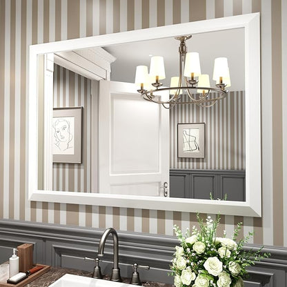 Amorho Bathroom Mirror, 48x35 Inch White Thick Metal Framed Wall Mirrors