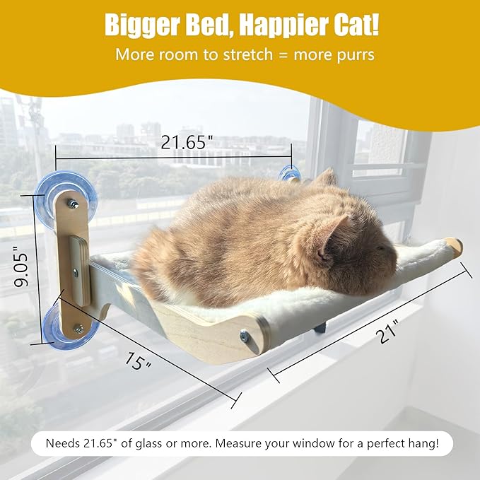 Cat Window Perch Hammock Bed - Foldable Hardwood Frame, No-Drill with Strong Suction Cups, Plush Faux Rabbit Fur for Large Cats up to 50lbs