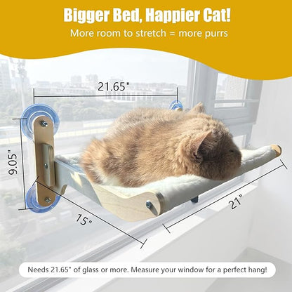 Cat Window Perch Hammock Bed - Foldable Hardwood Frame, No-Drill with Strong Suction Cups, Plush Faux Rabbit Fur for Large Cats up to 50lbs