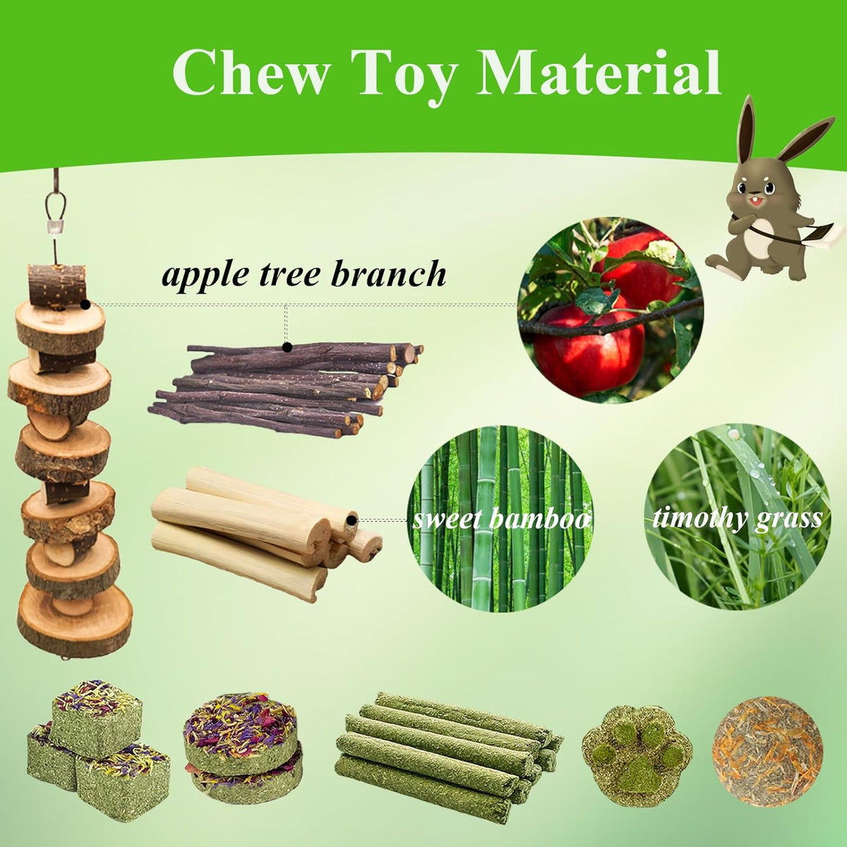 Grddaef Rabbit Toys, Guinea Pig Toys 25 Pcs Natural Timothy Hay Bunny Chews and Treats for Hamster Chinchilla Gerbil