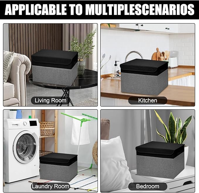 Large 17" 42 Quarts Collapsible Stackable Storage Bins with Lids [3-Pack] Foldable Fabric Linen Storage Boxes Cube, Closet Organizer Baskets with Label for Home (16.7 x 12 x 12", Black & Gray)