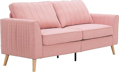 Artechworks Handmade Sofa Couch,3-Seater 76" Wide W/Warm Style Linen, Modern Chic Classic Mid-Century Fusion Stylish French Piping Design Sofa Couch for Living Room Apartment Lounge,Reception,Pink