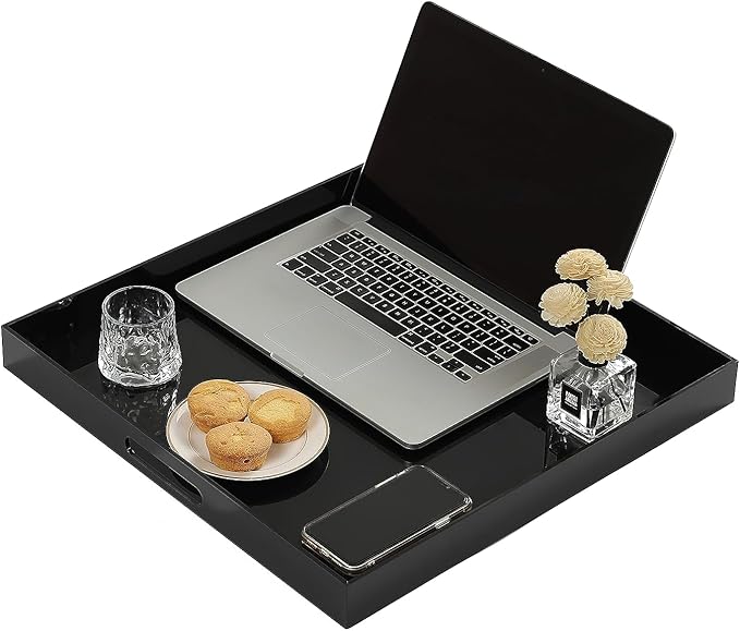 Glossy Black Sturdy Acrylic Serving Tray with Handles-24x24Inch-Serving Coffee,Appetizer,Breakfast,Butler-Kitchen Countertop Tray-Makeup Drawer Organizer-Vanity Table,Ottoman Tray-Decorative