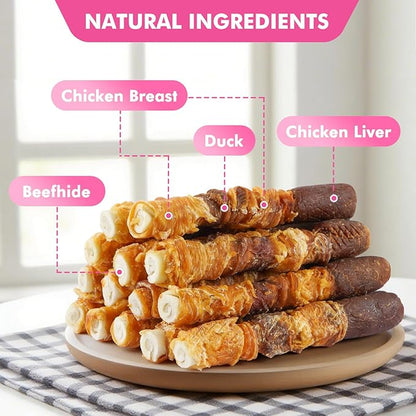 Dog Treats, Triple Flavor 6 Inch Rawhide Rolls, Chicken Duck and Chicken Liver Wrapped Rawhide Dog Chews, Suitable for Medium Dogs, 35.3 oz