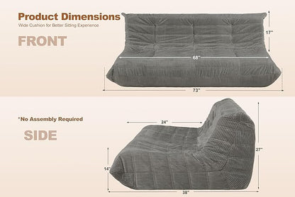 Bean Bag Chair,Giant Beanbag Chairs for Adults,Comfy Large Fireside Chair Lazy Sofa,Corduroy Bean Bag Lounger with Memory Foam Filled,Floor Sofa Couch for Living Room (Light Grey, 3-Seater)