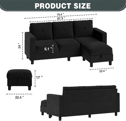 SUNLEI Convertible Sectional Couch Sofa for Small Spaces, L Shaped Modular Sofa with Removable Ottoman Storage, 3 Seat Modern Small Couches for Living Room in Apartment, Black