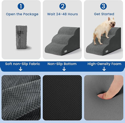 Dog Stairs for Small Dogs & Cats,3 Steps Non-Slip Pet Ramp for Couch,15.7"H | Airpanda Pet Stairs with Washable Cover & High-Density Foam,Gentle Curved Design,Ideal for Senior & Short-Legged Dogs,Grey