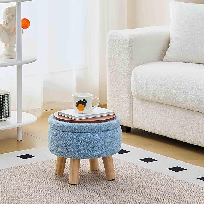 Wimarsbon Storage Ottoman, Modern Round Footrest with Soft Padded Seat, Teddy Velvet Footstool with Wood Legs, Accent Small Table or Plant Stand for Hallway, Living Room (Blue)