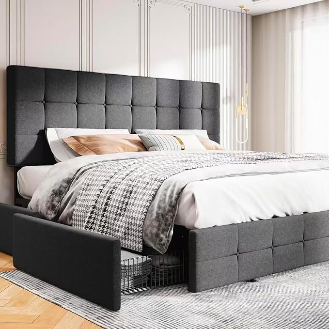 MUTICOR King Size Bed Frame with 4 Storage Drawers, Upholstered Platform Bed with Button Tufted Adjustable Headboard, No Box Spring Needed, Easy Assembly, Square Tufted, Dark Grey Fabric