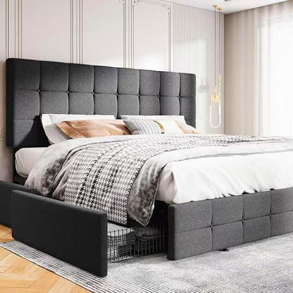 MUTICOR King Size Bed Frame with 4 Storage Drawers, Upholstered Platform Bed with Button Tufted Adjustable Headboard, No Box Spring Needed, Easy Assembly, Square Tufted, Dark Grey Fabric