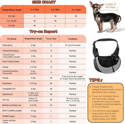 YUDODO Pet Sling Carrier for Small Dogs & Cats – Hands-Free Puppy Carrier with Safety Hook, Large Zipper Pocket, Soft Breathable Mesh, Adjustable Strap & Reflective Strip (Gray 3.0 S)