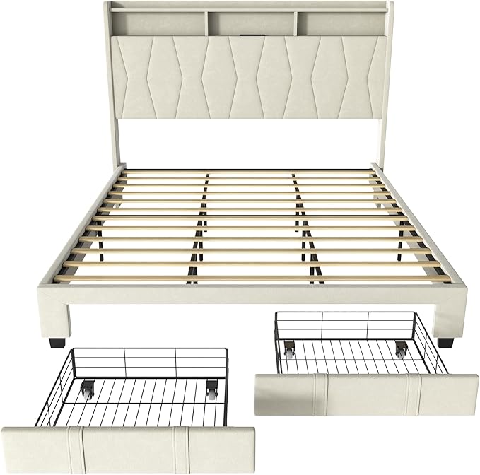 King Size Bed Frame, Velvet Upholstered LED Platform Bed with Headboard Storage, King Bed Frame Built-in Charging Station with 2 Drawers, Wood Slat Support, No Box Spring Needed, Beige