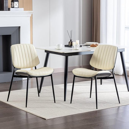 YaFiti Dining Chairs Set of 6, Mid Century Modern Accent Dining Room and Kitchen Chairs, Upholstered PU Leather Vertical Stripe Chairs for Vanity with Walnut Bentwood and Metal Legs, Beige