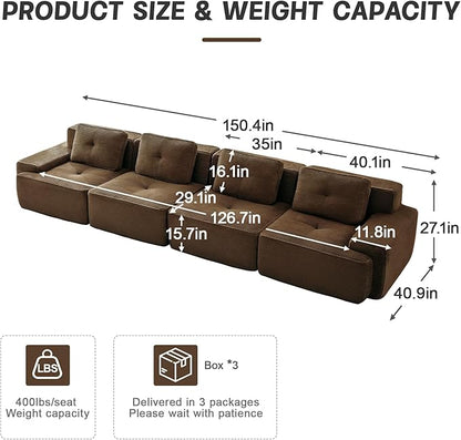150" Modern Corduroy Cloud Sofa, Boneless Modular Large Sectional Couches for Living Room, Brown 4 Seater Compressed Memory Foam Couch, Extra Deep Seat, No Assembly