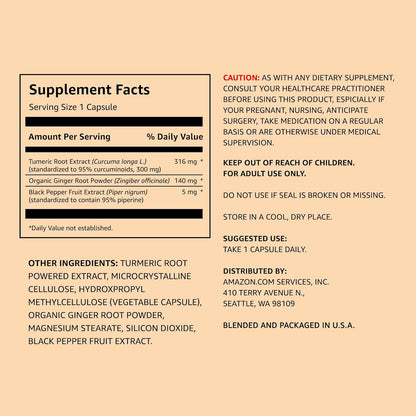 Amazon Elements Turmeric Complex, 316 mg Curcumin, 140 mg Ginger, 5 mg Black Pepper - Joint & Immune System, Healthy Inflammation Response - 65 Capsules (2 month supply)