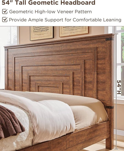T4TREAM Farmhouse King Size Bed Frame with 54" Tall Geometric Headboard & 2 Large Storage Drawers, Rustic Wood Platform Bed with Wood Slats Support, No Box Spring Needed, Reclaimed Barnwood