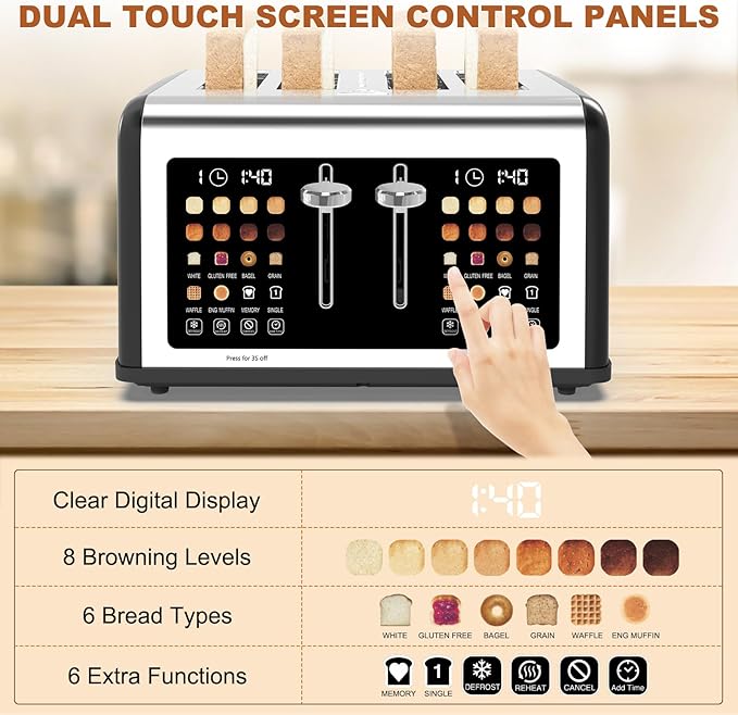 4 Slice Toaster Touch Screen, Stainless Steel Toasters Digital Timer, Dual