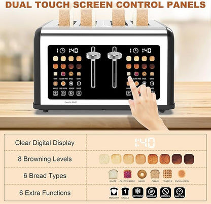 4 Slice Toaster Touch Screen, Stainless Steel Toasters Digital Timer, Dual