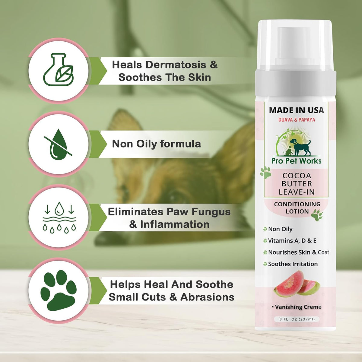Pro Pet Works 5 in 1 Cocoa Butter Leave-in Conditioner Lotion for Dogs & Cats-Hot Spot Cream/Balm for Allergies, dermatosis, Paw Fungus Or Itchy Skin-Heals Small Cuts & Abrasions[Made in USA]