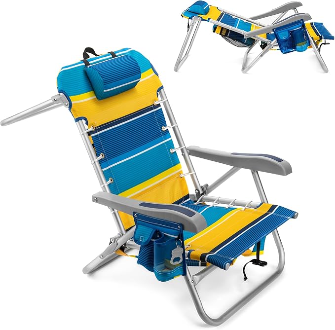 Homevative Backpack Fold-Up Beach Chair, 5 Positions, Towel bar, Cooler, Storage Pouch, Cup Holder and Phone Pocket