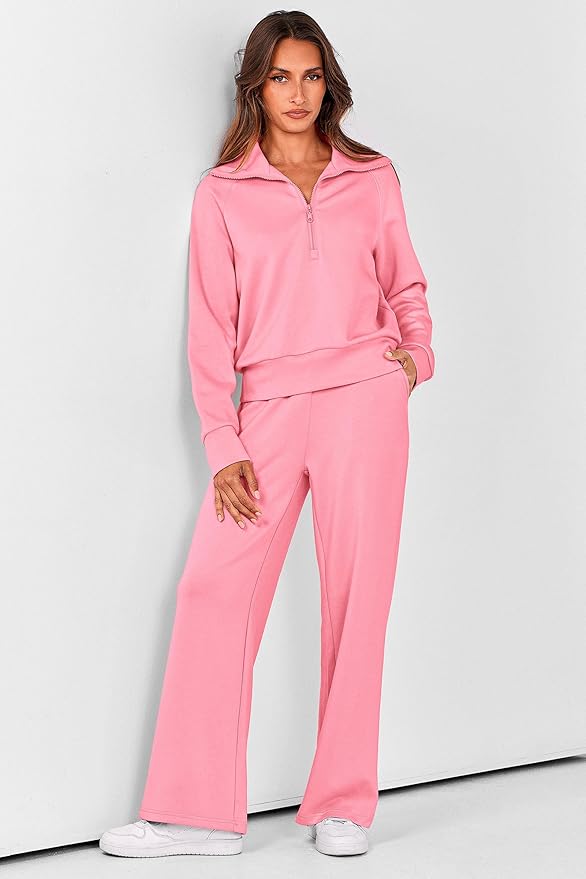 PRETTYGARDEN Women's 2 Piece Outfits Casual Lapel Half Zip Sweatshirts and Wide Leg Pants Tracksuit Sets