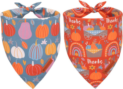 ADOGGYGO Thanksgiving Dog Bandana, Blue Orange Pumpkin Scarf, Adjustable Fit Fall Thanksgiving Bandanas for Medium Large Dogs Pets (Large)