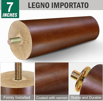 FoDau770 Brown Rubber Wood Furniture Legs 7 Inches, Straight Tapered Wood Feet Mid Century Sofa Legs Set of 4, 5/16" UNC Furniture Feet Replacement Parts for Cabinet Couch Dresser Chair Ottoman Table