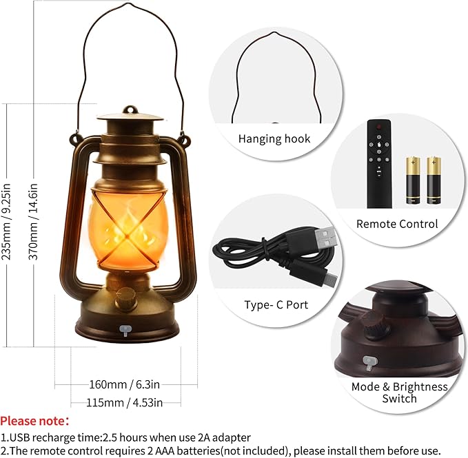 2 Pack Bronze Vintage 4 Modes Light LED Lanterns，Rechargeable Dancing Flame