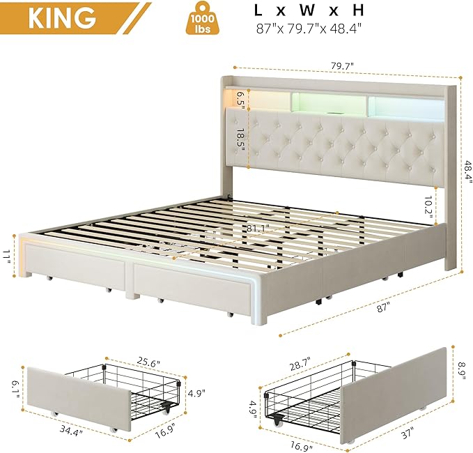 King LED Bed Frame with Storage Headboard & Charging Station, Velvet Fabric Platform Bed Frames with 4 Drawers, Button Tufted Upholstered, No Box Spring Needed, Beige