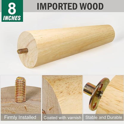FoDau770 Rubber Wood Furniture Legs 8 Inches, Straight Tapered Wood Feet Mid Century Sofa Legs Set of 4, 5/16" UNC Furniture Feet Replacement Parts for Cabinet Couch Dresser Chair Ottoman Table