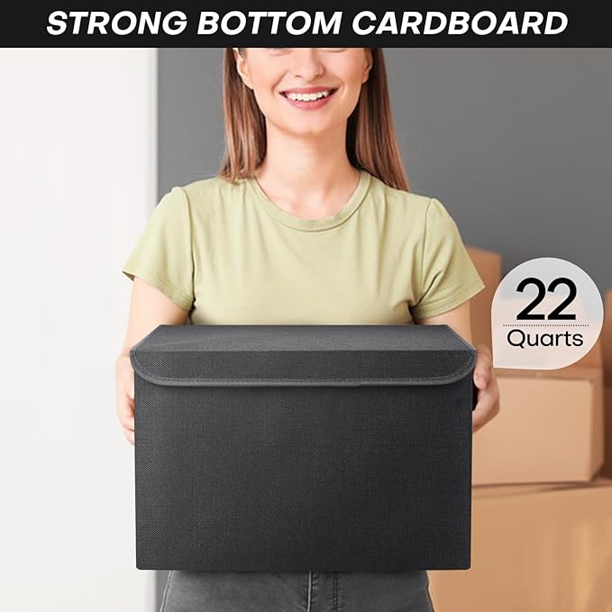Large 22 Quart Linen Fabric Foldable Storage Bin Cube Organizer Basket with Flip-Top Lid & Handles, Clothes Blanket Box for Home, Office, Closet, Black, 4 Pack 14.6 x 9.5 x 9.5”