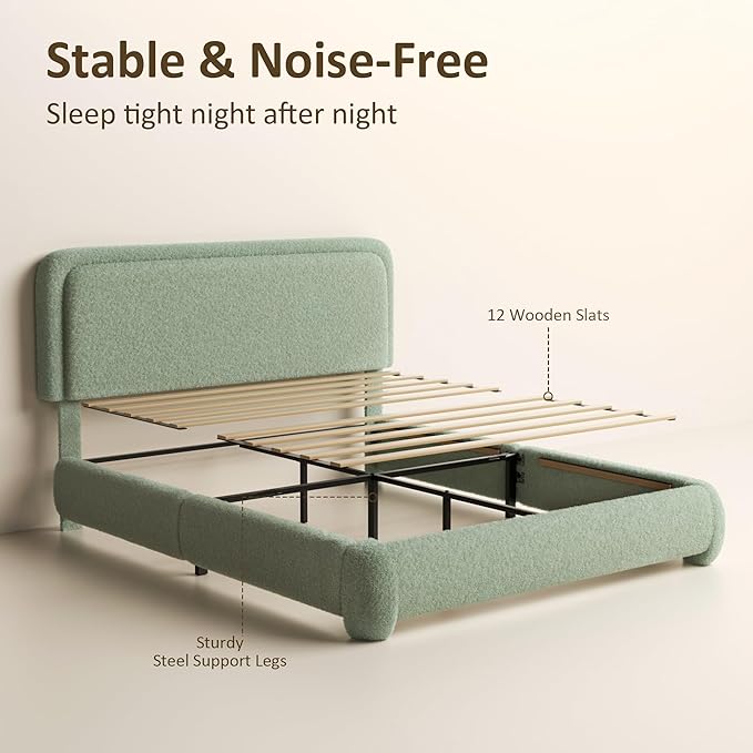 Queen Bed Frame, Teddy Velvet Boucle Bed Frame with 43.3"/45.3" Adjustable Upholstered Headboard, Rounded Corners, Mattress Foundation, No Box Spring Required, Green