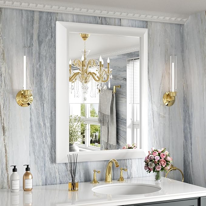 Amorho Bathroom Mirror, 24 X32 Inch White Thick Metal Framed Wall Mirrors