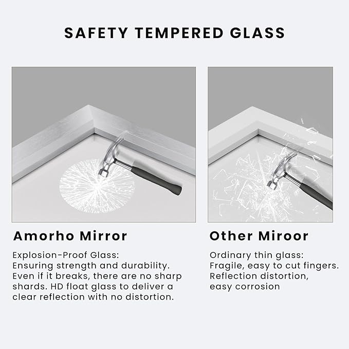 Amorho 50 X36 Inch Bathroom Mirror Silver, Thick Metal Framed Wall Mirrors