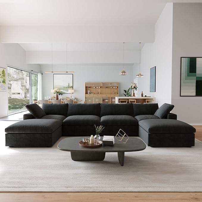 JACH 160.6" U-Shaped Sectional Couch, Modern Modular Convertible Sofa with Chaise Ottomans, Deep 4-Seats Comfy Sectional Cloud Couches for Living Room/Apartment, Bedroom (Black)