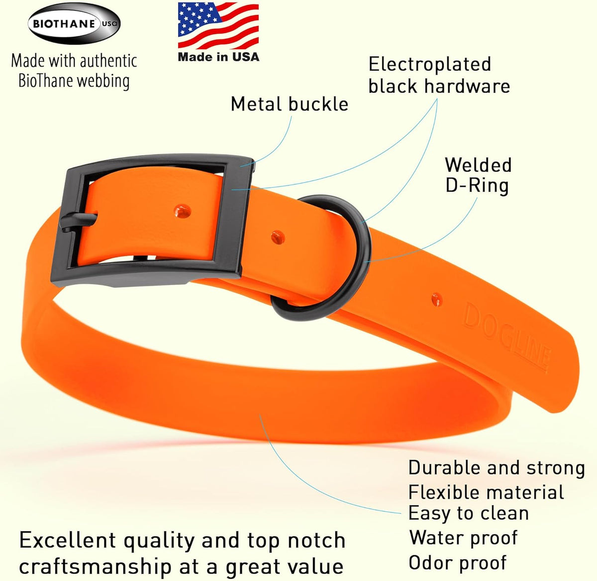 Dogline Biothane Waterproof Dog Collar Strong Coated Nylon Webbing with Black Hardware Odor- Proof for Easy Care Easy to Clean High Performance Fits Small Medium or Large Dogs, Hunter Orange