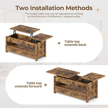 Seventable Coffee Table, 47.2" Lift Top Coffee Table with 2 Storage Drawers and Hidden Compartment, Farmhouse Center Table with Wooden Lift Tabletop, for Living Room,Rustic Brown