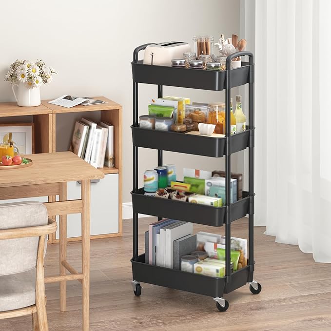 Sywhitta 4-Tier Plastic Rolling Utility Cart with Handle, Multi-Functional Storage Trolley for Office, Living Room, Kitchen, Movable Storage Organizer with Wheels, Black