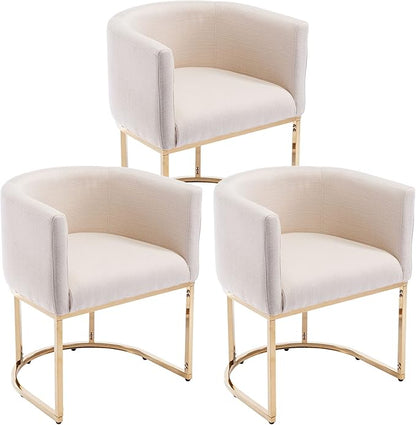 VESCASA Upholstered Dining Chairs with Barrel Back, Modern Padded Restaurant Chairs with Gold Metal Frame for Dining Room, Kitchen, Set of 3, Linen Cream