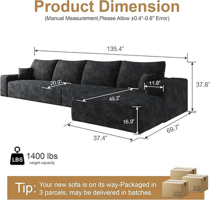 136" Sectional Couches for Living Room Modern Modular Sofa with L-Shape Couchs Upholstered Boneless Couch Deep Seat Sectional Couch with Chaise (Black, Right Facing Chaise+3Seaters)