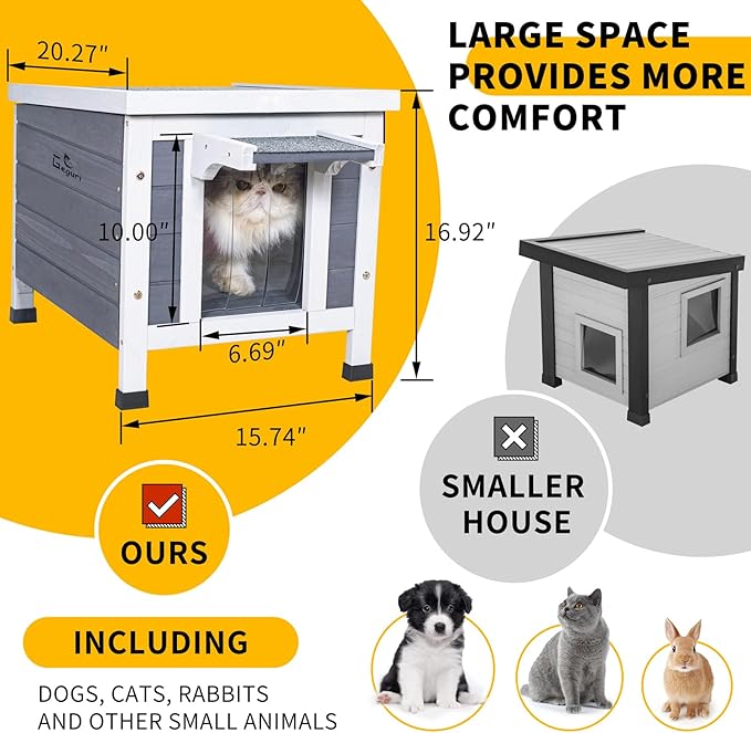 GEGURI Outdoor Cat House, Weatherproof Shelter for Ferrel Cats, Dogs, Rabbits Hutch with Elevated Floor, Asphalt Roof