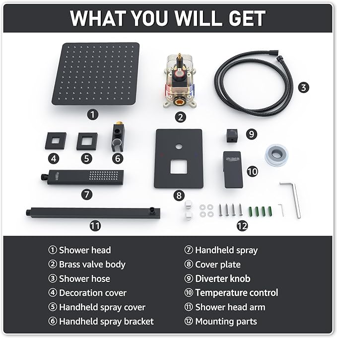 Iriber Shower Set with 12 Inch High Pressure Rain Shower Head and Handheld and