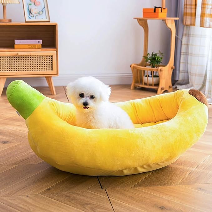 Banana Pet Bed for Small Dogs and Cats, Cozy Enclosed Calming Cave Bed with Removable Plush Cushion for Indoor Kittens Puppies Small Pets (Banana Bed + Bone Toy, Medium)