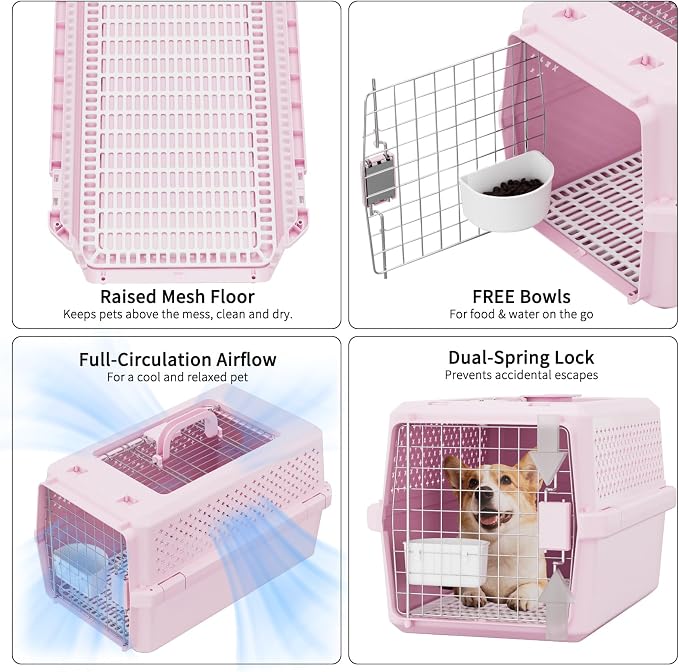 RIZZARI Pink Pet Carrier with Wheels for Cats and Small Dogs Up to 25 Lbs, Top Opening Hard-Sided Cat Carrier, Rolling Travel Kennel with Pull Strap, Feeding Bowl, Metal Door and Ventilated Design