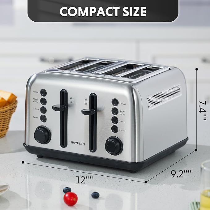 BUYDEEM DT640 Retro 4 Slice Toaster, 7 Shade Settings, Extra Wide 1.5'' Slots