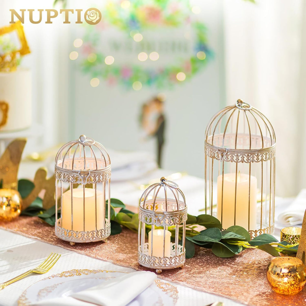 NUPTIO Decorative Bird Cage Lantern: 2 Set of 10 inch Tall Rustic White Birdcage Lanterns Centerpiece Vintage Decorating Metal Pillar Candle Holder for Christmas Bridal Shower Party Decor